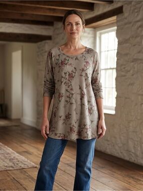 Soft & Cozy Waffle-Knit Vintage Inspired Floral Long-Sleeve Pullover